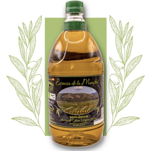 Botella de Aceite Virgen Extra ecológico "Esencia de La Mancha" contenido neto 2l. producido en España