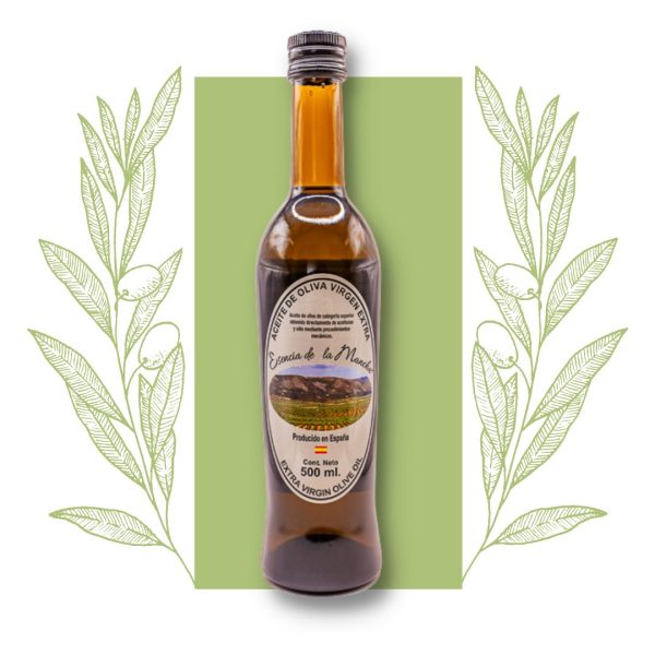 Botella de Aceite Virgen Extra "Esencia de La Mancha" contenido neto 500ml. producido en España